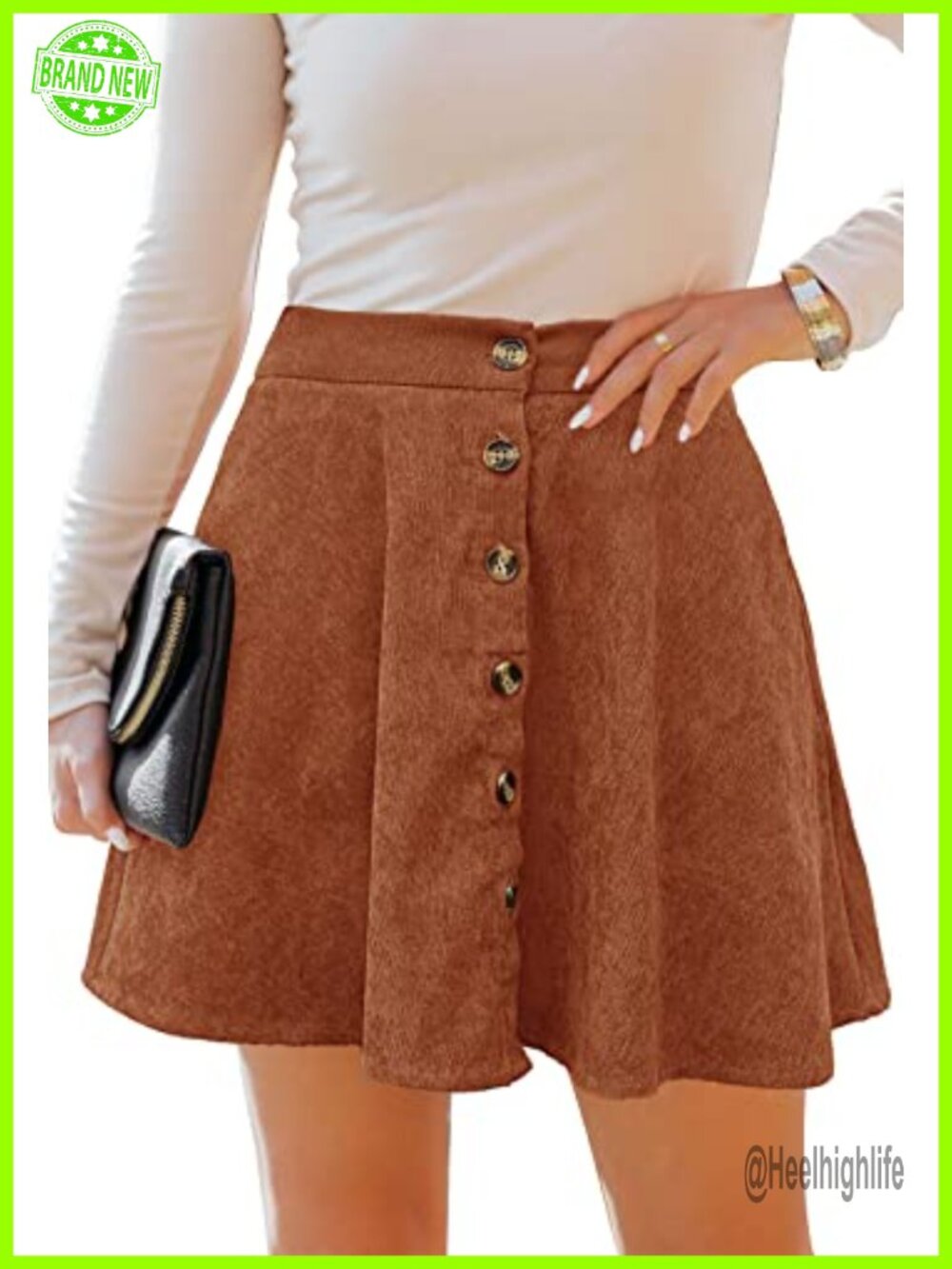 Women's Corduroy A-Line Mini Skater Skirt Button Front Elastic Waist Pockets